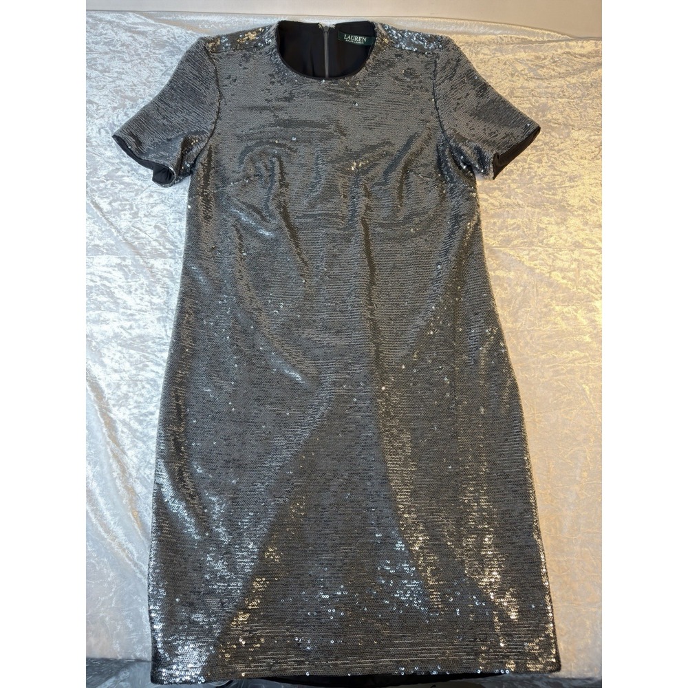 Lauren Ralph Lauren Silver Sequin Sheath Cocktail Dress Size 4 Lined‎ NWT